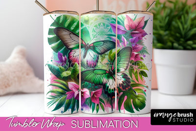 Butterflies and Flowers Tumbler Wrap, Tropical Tumbler PNG Sublimation OrangeBrushStudio 