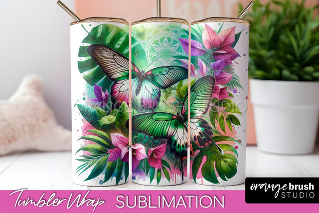 Butterflies and Flowers Tumbler Wrap, Tropical Tumbler PNG Sublimation OrangeBrushStudio 