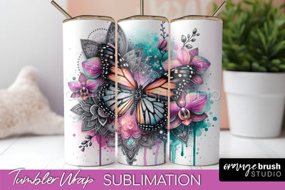 Butterflies and Flowers Tumbler Wrap, Tropical Tumbler PNG Sublimation OrangeBrushStudio 