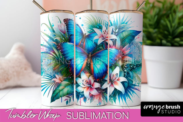 Butterflies and Flowers Tumbler Wrap, Tropical Tumbler PNG Sublimation OrangeBrushStudio 