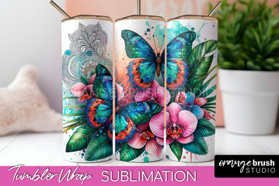 Butterflies and Flowers Tumbler Wrap, Tropical Tumbler PNG Sublimation OrangeBrushStudio 