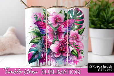 Butterflies and Flowers Tumbler Wrap, Tropical Tumbler PNG Sublimation OrangeBrushStudio 