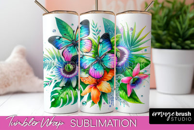Butterflies and Flowers Tumbler Wrap, Tropical Tumbler PNG Sublimation OrangeBrushStudio 