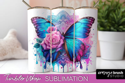 Butterflies and Flowers Tumbler Wrap, Tropical Tumbler PNG Sublimation OrangeBrushStudio 