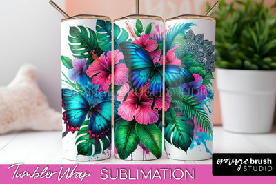 Butterflies and Flowers Tumbler Wrap, Tropical Tumbler PNG Sublimation OrangeBrushStudio 