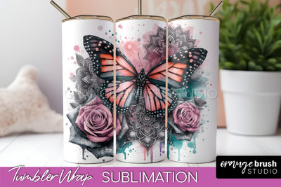 Butterflies and Flowers Tumbler Wrap, Tropical Tumbler PNG Sublimation OrangeBrushStudio 