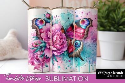 Butterflies and Flowers Tumbler Wrap, Tropical Tumbler PNG Sublimation OrangeBrushStudio 