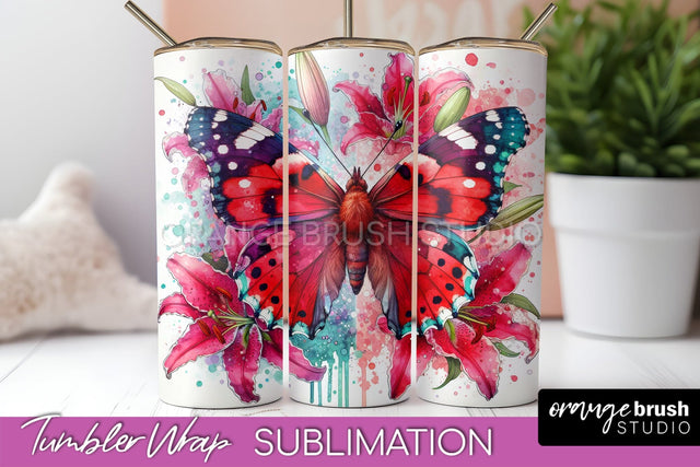 Butterflies and Flowers Tumbler Wrap, Tropical Tumbler PNG Sublimation OrangeBrushStudio 
