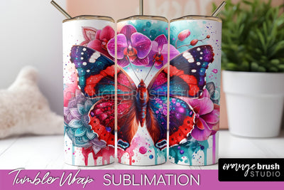 Butterflies and Flowers Tumbler Wrap, Tropical Tumbler PNG Sublimation OrangeBrushStudio 