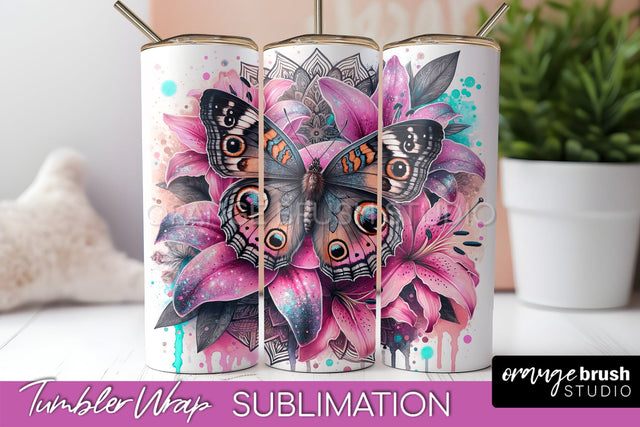 Butterflies and Flowers Tumbler Wrap, Tropical Tumbler PNG Sublimation OrangeBrushStudio 