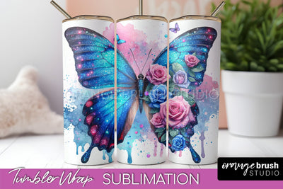 Butterflies and Flowers Tumbler Wrap, Tropical Tumbler PNG Sublimation OrangeBrushStudio 