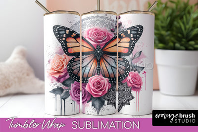 Butterflies and Flowers Tumbler Wrap, Tropical Tumbler PNG Sublimation OrangeBrushStudio 