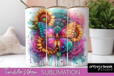 Butterflies and Flowers Tumbler Wrap, Tropical Tumbler PNG Sublimation OrangeBrushStudio 