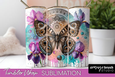Butterflies and Flowers Tumbler Wrap, Tropical Tumbler PNG Sublimation OrangeBrushStudio 