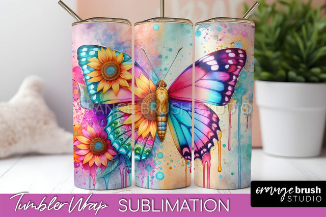 Butterflies and Flowers Tumbler Wrap, Tropical Tumbler PNG Sublimation OrangeBrushStudio 