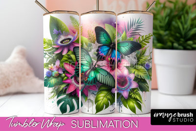 Butterflies and Flowers Tumbler Wrap, Tropical Tumbler PNG Sublimation OrangeBrushStudio 