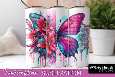 Butterflies and Flowers Tumbler Wrap, Tropical Tumbler PNG Sublimation OrangeBrushStudio 