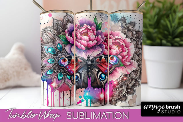 Butterflies and Flowers Tumbler Wrap, Tropical Tumbler PNG Sublimation OrangeBrushStudio 