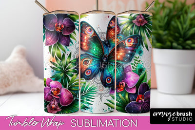 Butterflies and Flowers Tumbler Wrap, Tropical Tumbler PNG Sublimation OrangeBrushStudio 