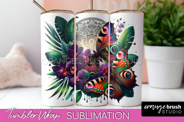 Butterflies and Flowers Tumbler Wrap, Tropical Tumbler PNG Sublimation OrangeBrushStudio 