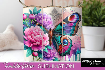 Butterflies and Flowers Tumbler Wrap, Tropical Tumbler PNG Sublimation OrangeBrushStudio 