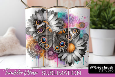 Butterflies and Flowers Tumbler Wrap, Tropical Tumbler PNG Sublimation OrangeBrushStudio 