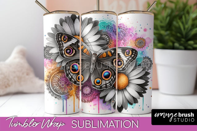 Butterflies and Flowers Tumbler Wrap, Tropical Tumbler PNG Sublimation OrangeBrushStudio 