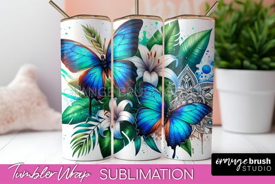 Butterflies and Flowers Tumbler Wrap, Tropical Tumbler PNG Sublimation OrangeBrushStudio 