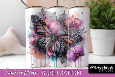 Butterflies and Flowers Tumbler Wrap, Tropical Tumbler PNG Sublimation OrangeBrushStudio 