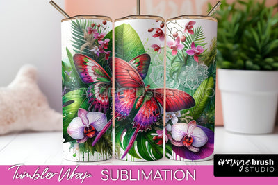 Butterflies and Flowers Tumbler Wrap, Tropical Tumbler PNG Sublimation OrangeBrushStudio 