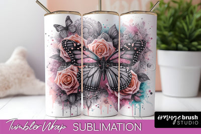 Butterflies and Flowers Tumbler Wrap, Tropical Tumbler PNG Sublimation OrangeBrushStudio 