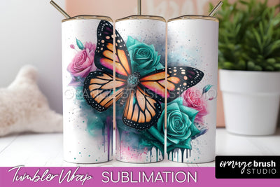 Butterflies and Flowers Tumbler Wrap, Tropical Tumbler PNG Sublimation OrangeBrushStudio 