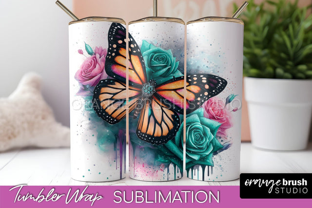 Butterflies and Flowers Tumbler Wrap, Tropical Tumbler PNG Sublimation OrangeBrushStudio 