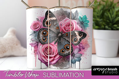 Butterflies and Flowers Tumbler Wrap, Tropical Tumbler PNG Sublimation OrangeBrushStudio 