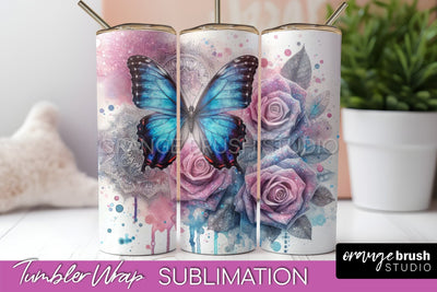 Butterflies and Flowers Tumbler Wrap, Tropical Tumbler PNG Sublimation OrangeBrushStudio 