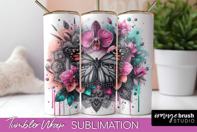 Butterflies and Flowers Tumbler Wrap, Tropical Tumbler PNG Sublimation OrangeBrushStudio 
