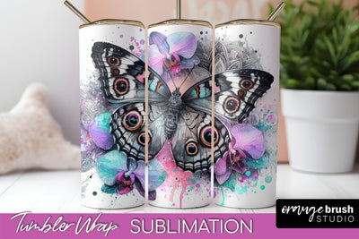 Butterflies and Flowers Tumbler Wrap, Tropical Tumbler PNG Sublimation OrangeBrushStudio 