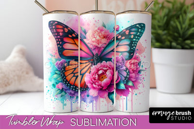 Butterflies and Flowers Tumbler Wrap, Tropical Tumbler PNG Sublimation OrangeBrushStudio 
