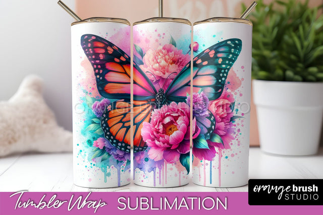 Butterflies and Flowers Tumbler Wrap, Tropical Tumbler PNG Sublimation OrangeBrushStudio 