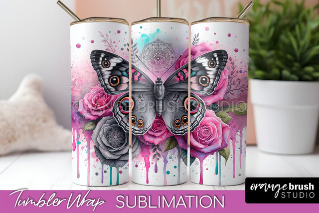 Butterflies and Flowers Tumbler Wrap, Tropical Tumbler PNG Sublimation OrangeBrushStudio 