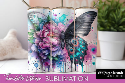 Butterflies and Flowers Tumbler Wrap, Tropical Tumbler PNG Sublimation OrangeBrushStudio 