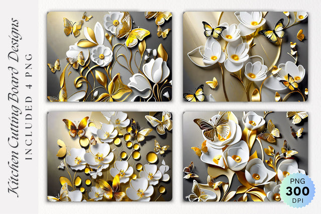 Butterflies Flower Golden and White Glass Cutting Board PNG Design Sublimation Regulrcrative 