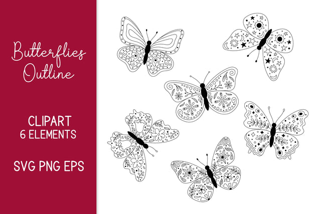 Butterflies PNG Clipart | SVG Outline Butterfly with Floral, Botanical, Abstract, Creative Ornament on Wings | Cute Doodle Line Art Insect SVG AnnaViolet_store 