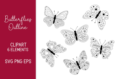 Butterflies PNG Clipart | SVG Outline Butterfly with Floral, Botanical, Abstract, Creative Ornament on Wings | Cute Doodle Line Art Insect SVG AnnaViolet_store 
