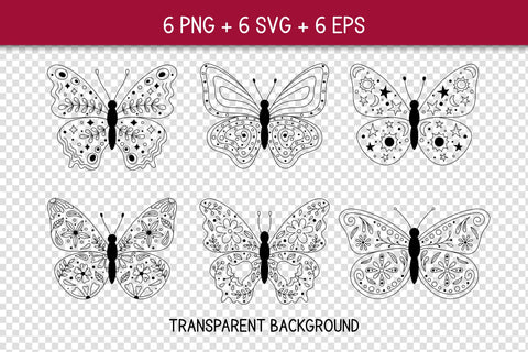 Butterflies PNG Clipart | SVG Outline Butterfly with Floral, Botanical, Abstract, Creative Ornament on Wings | Cute Doodle Line Art Insect SVG AnnaViolet_store 