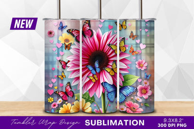Butterflies With Flowers Hearts Tumbler Png Sublimation Regulrcrative 