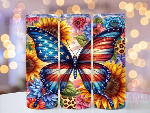 Butterfly American Flag 20oz Tumbler Wrap Sublimation Design, Straight Tapered Tumbler Wrap, 4th of July Tumbler Png, Instant Digital Download Sublimation SvggirlplusArt 