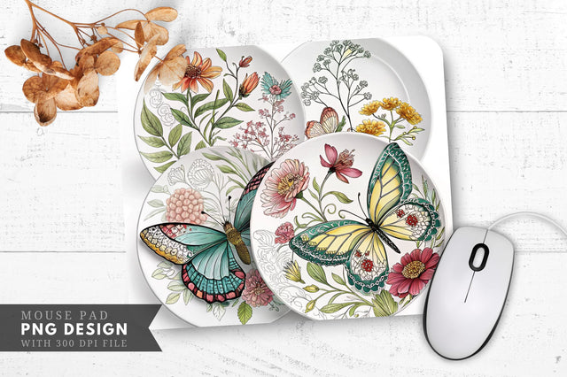 Butterfly And Floral Decorative Plates Mouse Pad Design Sublimation Regulrcrative 