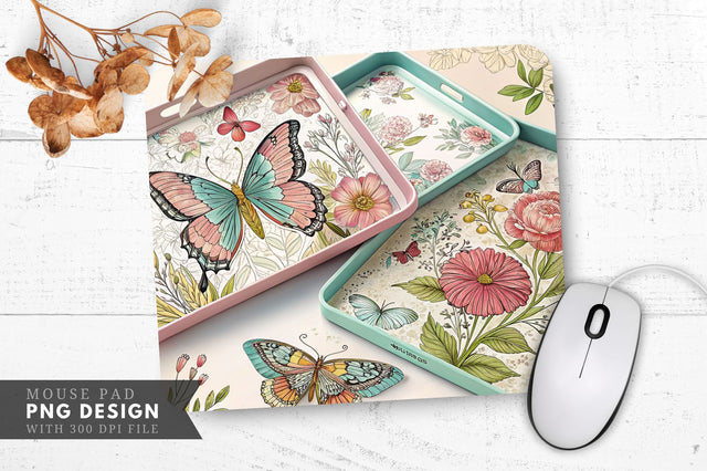 Butterfly And Floral Decorative Trays Mouse Pad PNG Design Sublimation Regulrcrative 