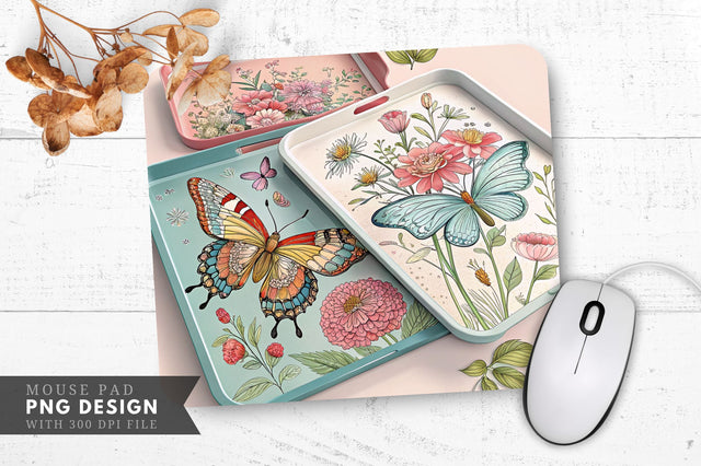 Butterfly And Floral Decorative Trays Mouse Pad PNG Design Sublimation Regulrcrative 